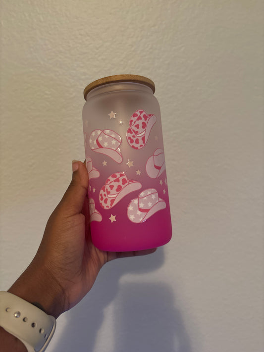 RTS! Pink Cowgirl Hat Glass Can Tumbler